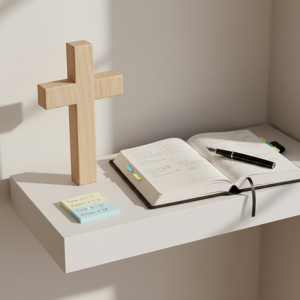 A sturdy wooden cross standing on a minimalist white shelf, carved with subtle grain patterns and a matte finish, beside an open journal filled with neat handwritten notes and color-coded tabs. A slim black pen rests diagonally across the page, next to a small stack of sticky notes with neatly written Scripture references. Soft, indirect daylight filters through an unseen window, bathing the scene in a gentle, diffused glow. Photographic realism captures fine details in the wood and paper textures. Composed from a slightly elevated angle with shallow depth of field, the background fades into a creamy blur, creating a contemplative, professional atmosphere that reflects intentional growth and structured Christian discipleship.