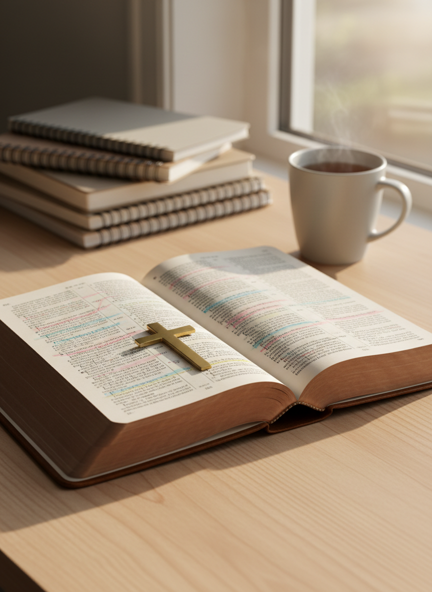 An open, well-worn leather Bible lying flat on a smooth, light-wood desk, its thin, slightly curled pages turned to a passage highlighted in soft pastel tones. A simple brass cross bookmark rests in the center crease, catching a faint reflection. In the background, out of focus, a tidy stack of notebooks and a ceramic mug of tea sit near a window. Gentle morning sunlight streams in from the side, creating warm, photographic realism with subtle shadows along the page edges. Shot at eye level using the rule of thirds and a shallow depth of field, the scene feels calm, reverent, and inviting, symbolizing a quiet moment of Christian discipleship and daily devotion.